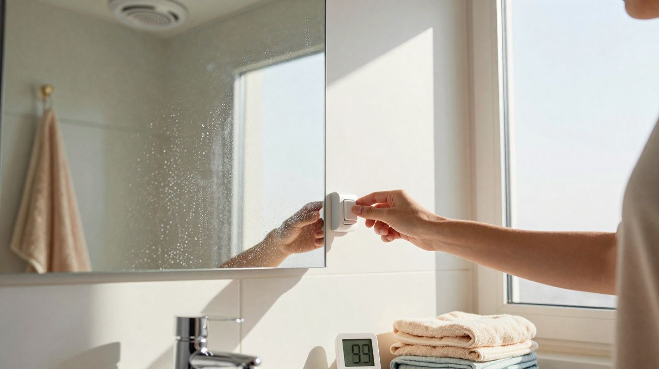 Pessoa abrindo espelho com gotas de água num banheiro luminoso com toalhas e termómetro.