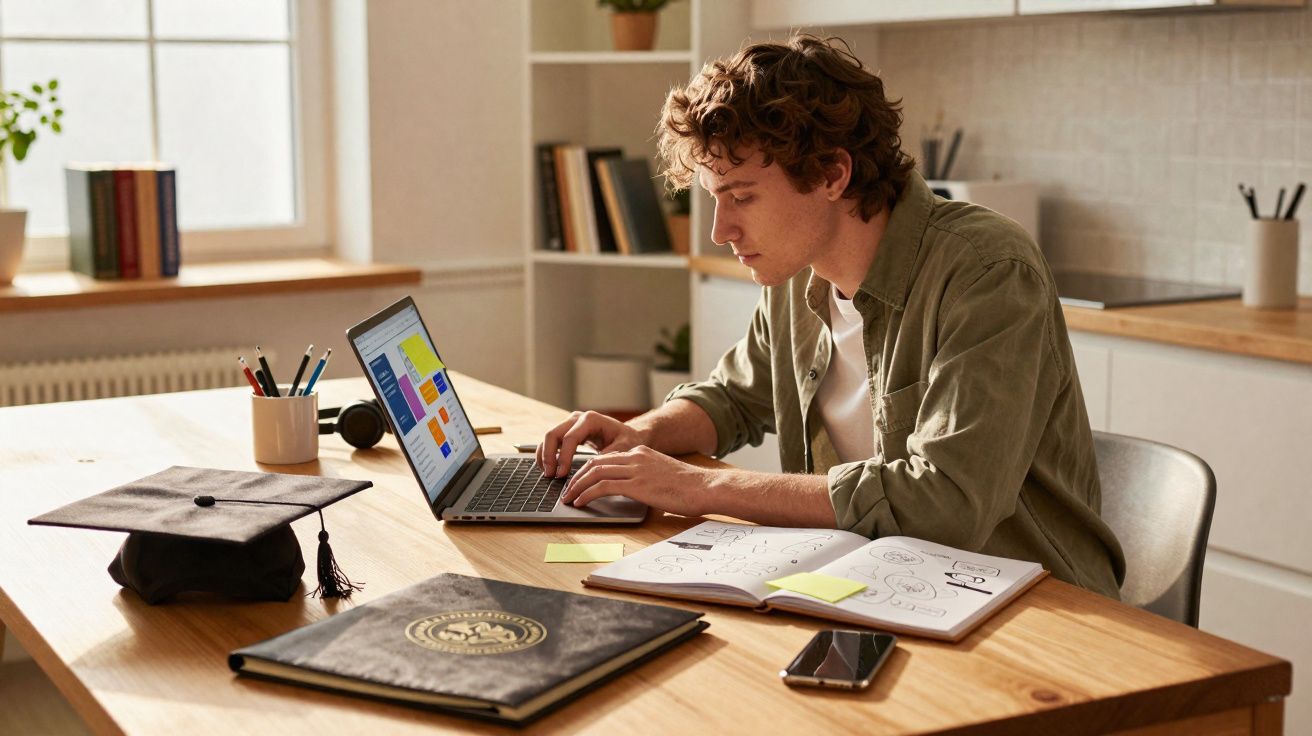 Jovem a estudar em casa no computador, com livro aberto, canetas, telemóvel, diploma e chapéu de formatura na mesa.
