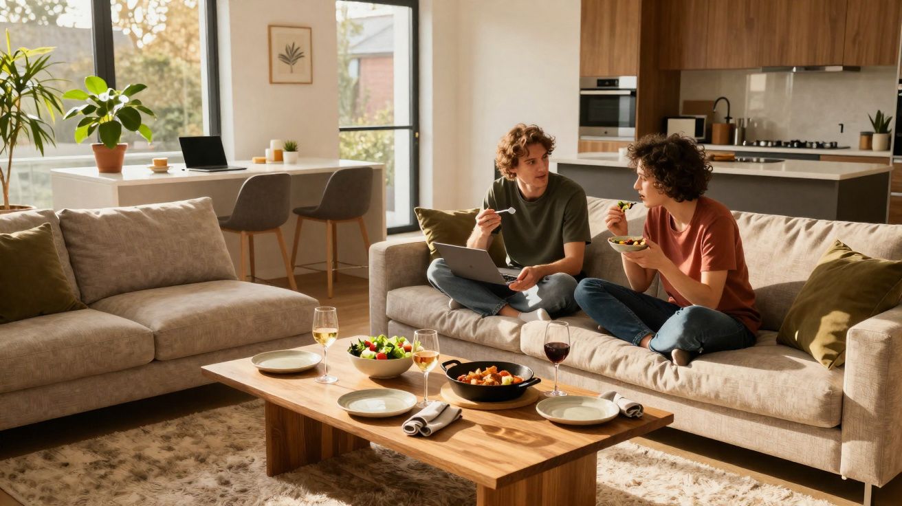 Casal sentado no sofá a comer e conversar numa sala de estar luminosa com mesa de madeira e cozinha ao fundo.