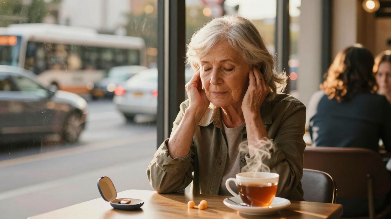 Mulher idosa sentada numa cafetaria com os olhos fechados, segurando a cabeça, ao lado de chá e medicamentos.