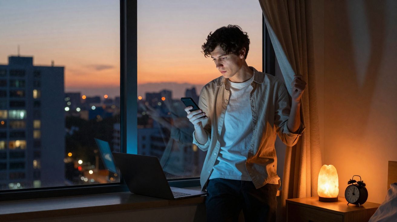 Jovem sentado junto a uma janela ao anoitecer, usando telemóvel, com portátil aberto e candeeiro aceso ao lado.