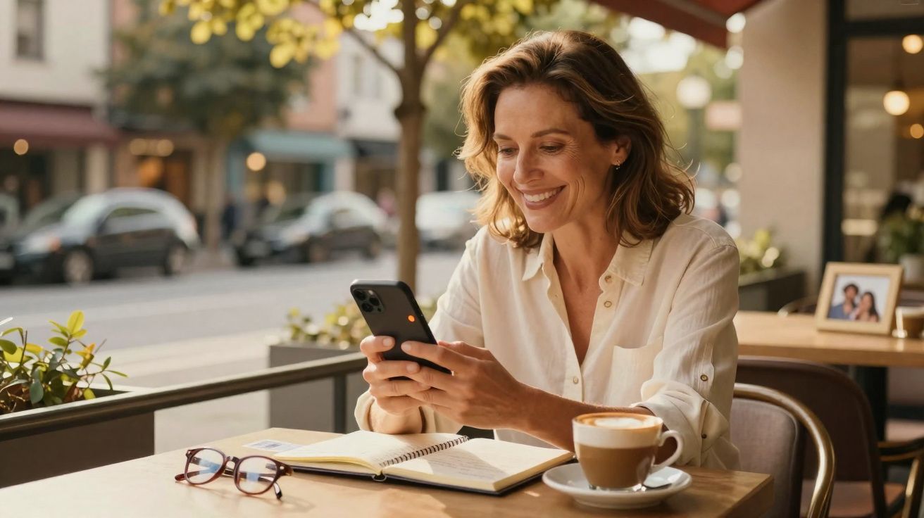 Mulher sorridente sentada numa esplanada a olhar para o telemóvel, com café e caderno na mesa.