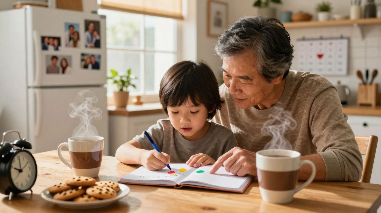 Criança e idoso a estudar juntos com chá quente e bolachas numa cozinha iluminada.