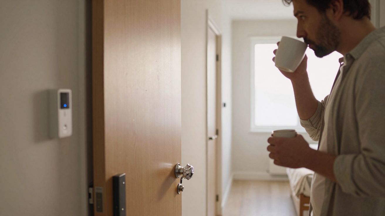 Homem a beber de uma chávena num corredor luminoso com portas de madeira e um termóstato na parede.