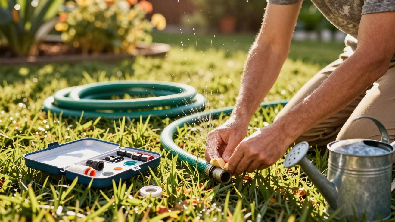 Pessoa a montar acessórios numa mangueira de jardim num relvado ensolarado com regador metálico perto.