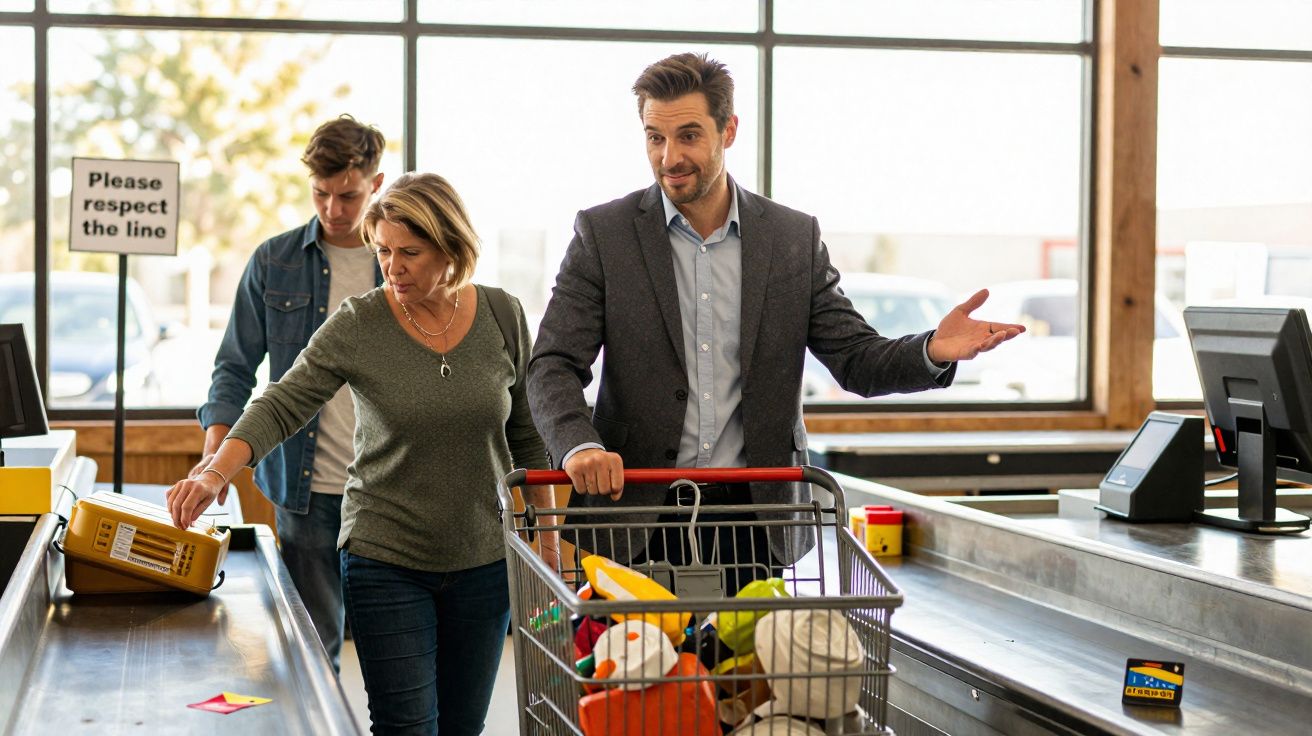 Cliente com carrinho de compras ao balcão de pagamento dizendo algo a funcionária do supermercado.