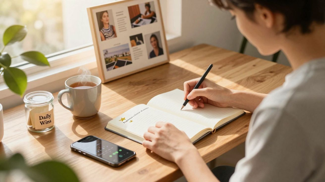 Pessoa escreve num caderno numa secretária com chá, telemóvel, jarra e moldura com fotografias à luz natural.