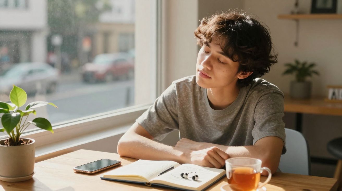 Jovem sentada à mesa com olhos fechados, junto a caderno aberto, chá, auriculares e telemóvel, ao sol junto à janela.