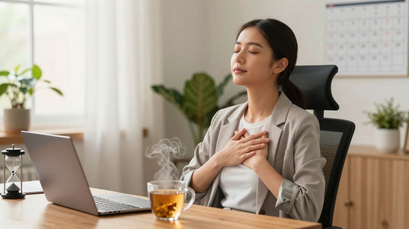 Mulher sentada numa cadeira de escritório com as mãos no peito, relaxando junto a um portátil e chá quente.