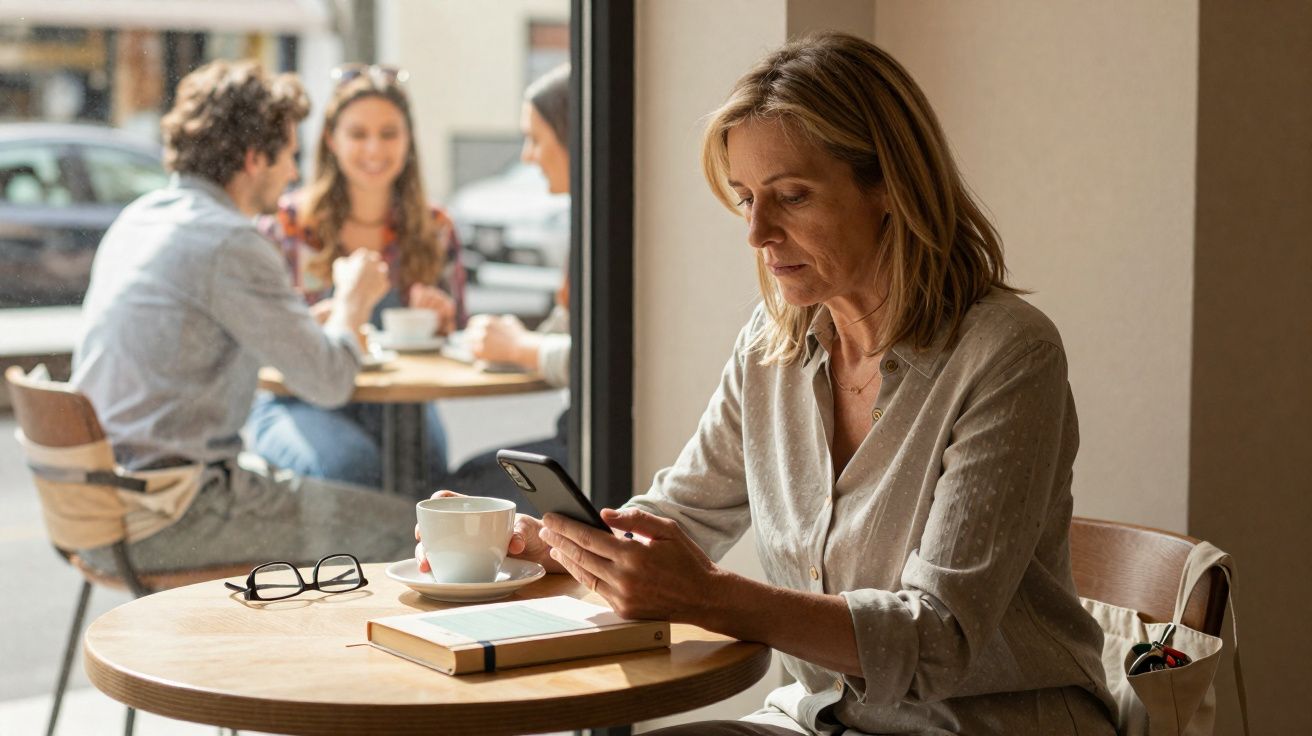 Mulher sentada num café, a usar telemóvel, com uma chávena e livro à frente, outras pessoas ao fundo.
