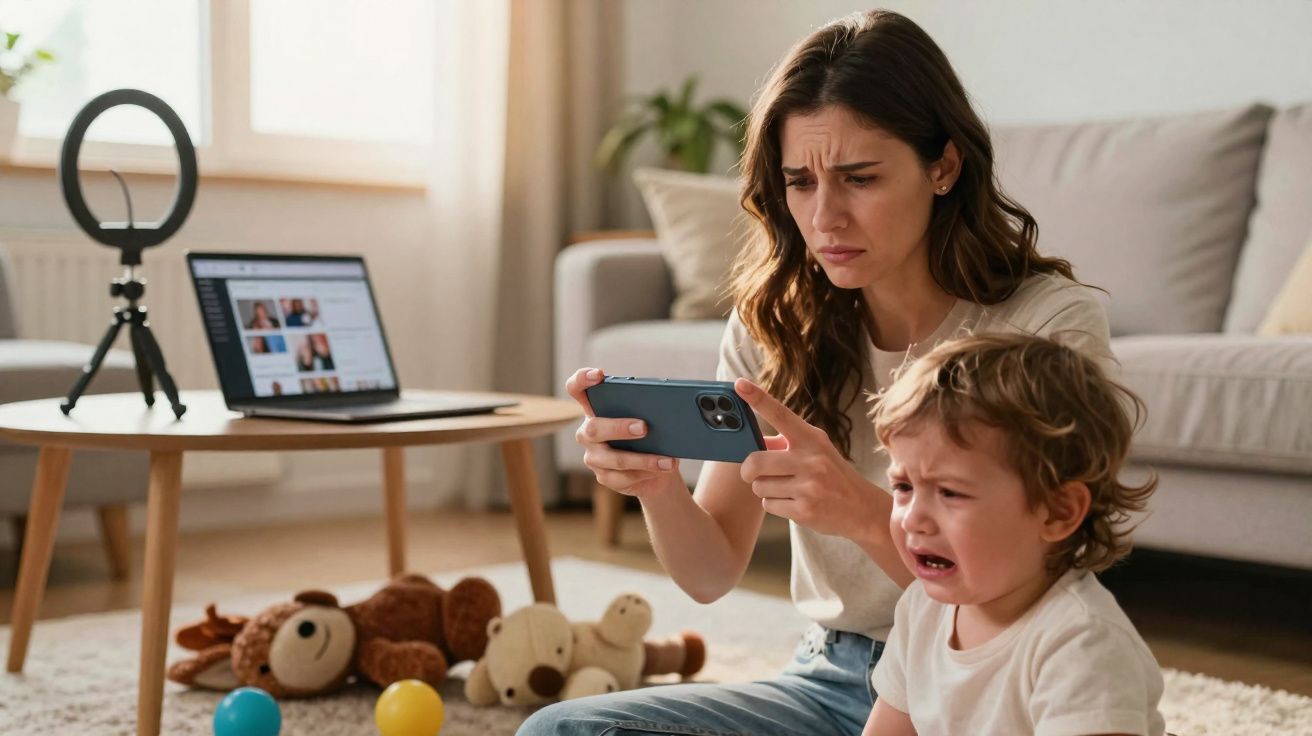 Mulher preocupada a tirar foto a criança aflita a chorar na sala com brinquedos espalhados.