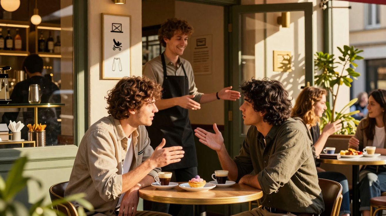 Dois homens conversam numa esplanada de café enquanto um empregado sorri e interage com eles.
