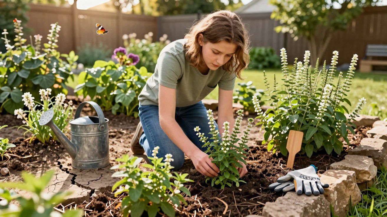 Jovem a cuidar de plantas num jardim com regador, luvas e borboleta ao fundo.