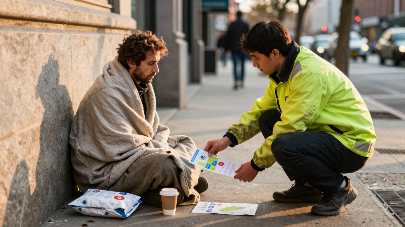 Homem agachado entrega folhetos a outra pessoa sentada na calçada, enrolada numa manta.