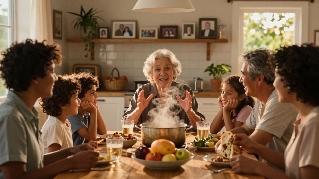 Família multigeracional junta-se em torno da mesa na cozinha, enquanto uma avó conta histórias durante a refeição.