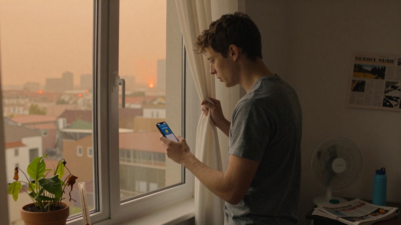 Homem de pé junto a uma janela, a usar o telemóvel, com vista para edifícios ao pôr do sol.