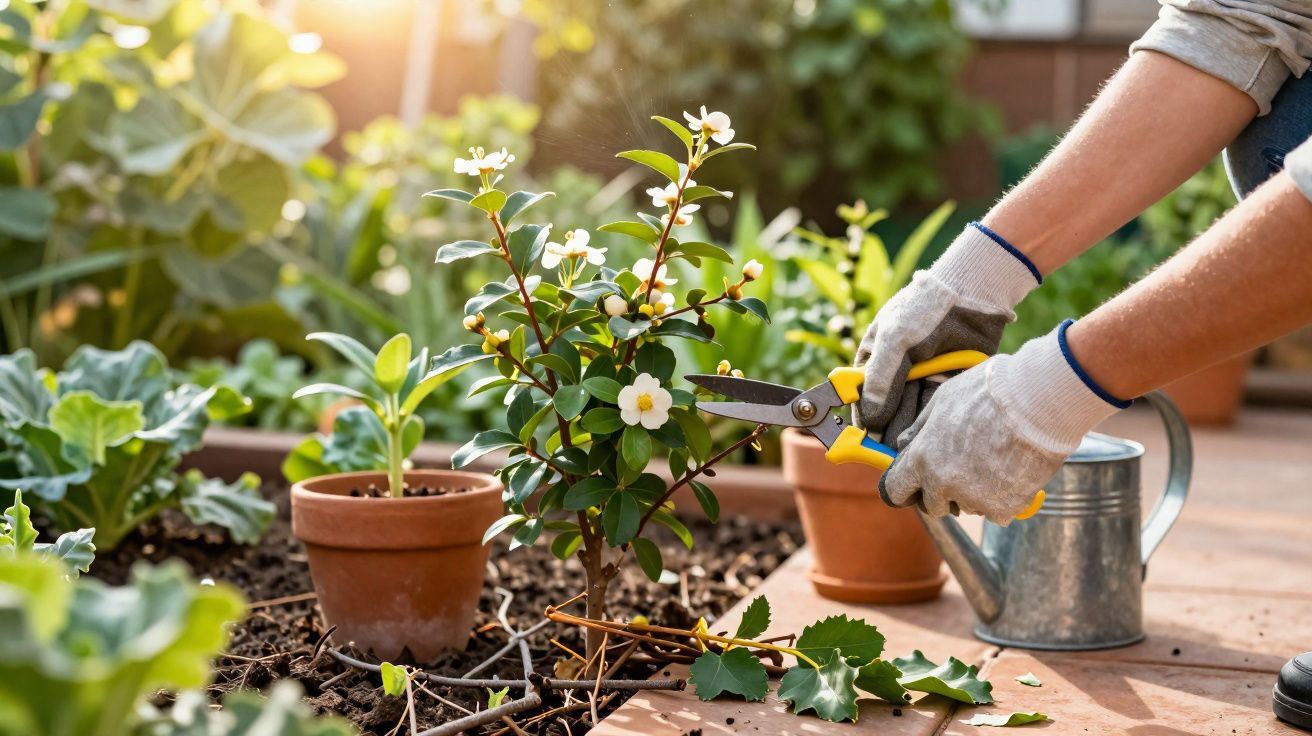 Pessoa a podar arbusto com flores brancas num jardim com várias plantas em vasos.