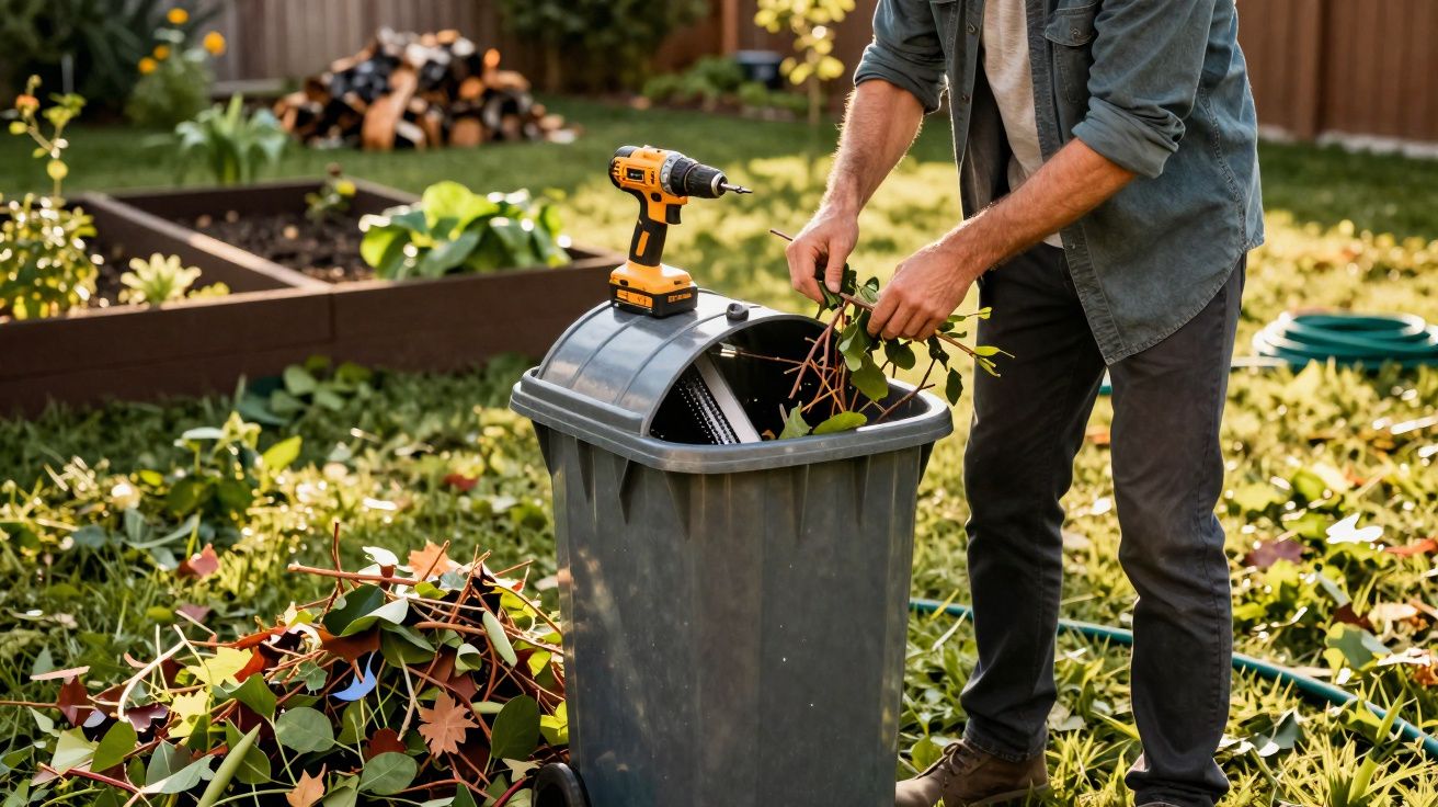 Pessoa a colocar galhos e folhas num contentor de lixo num jardim com uma ferramenta eléctrica em cima do contentor.