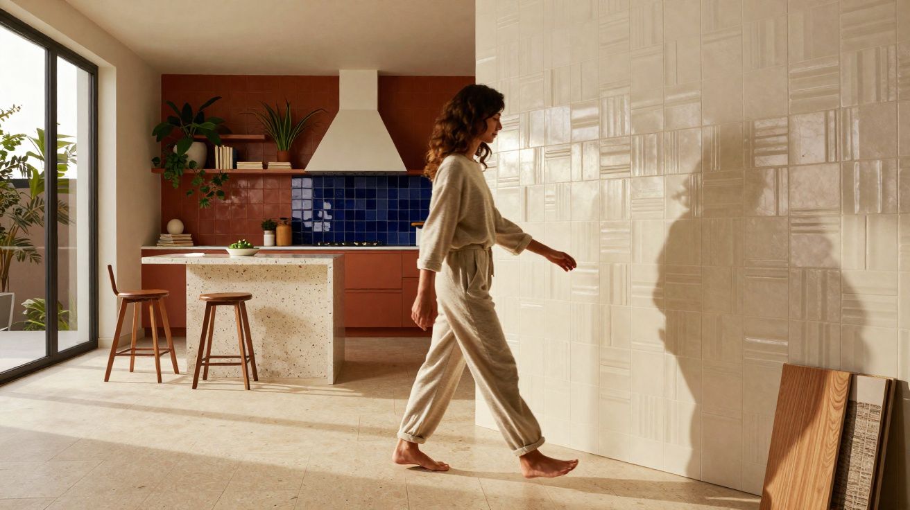 Mulher de cabelo encaracolado a andar descalça numa cozinha moderna com ilha, cadeiras e azulejos claros.