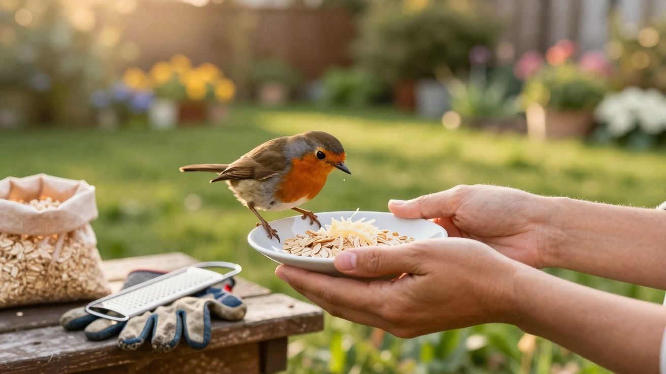 Pássaro com peito laranja pousado num prato com sementes, mãos humanas a segurar prato no jardim.