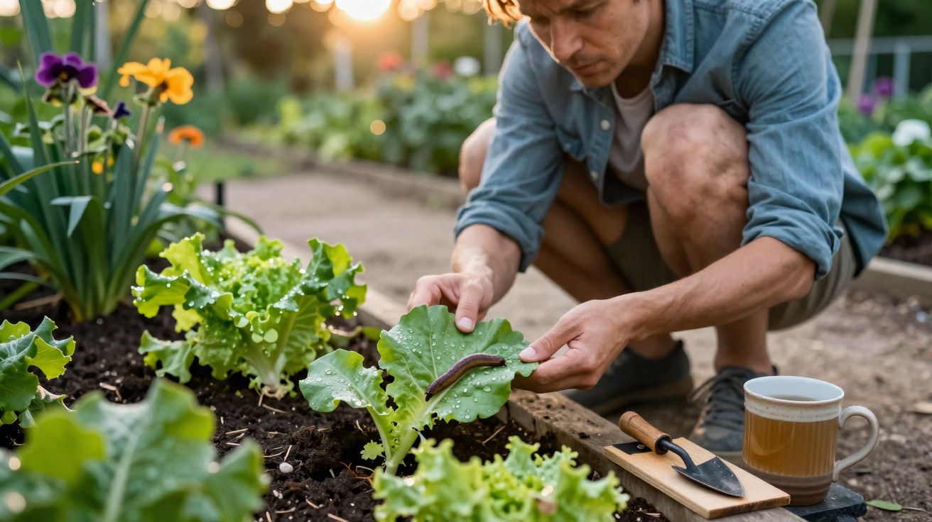 Homem a inspecionar planta com lesma num jardim com legumes e flores ao pôr do sol.