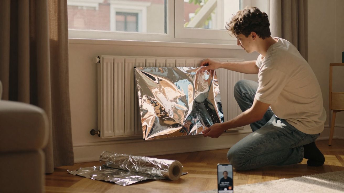 Jovem a colocar folha de alumínio numa radiador em casa com smartphone a mostrar tutorial.