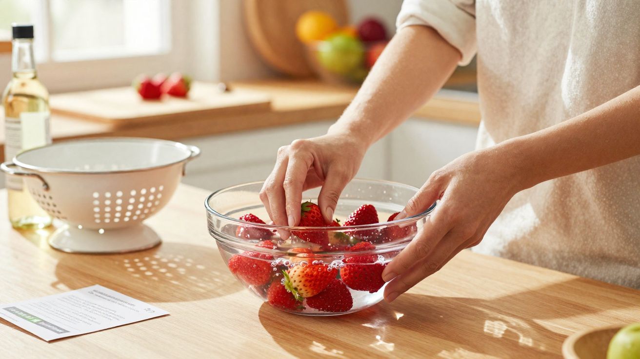 Mãos a lavar morangos numa taça de vidro com água numa cozinha iluminada.