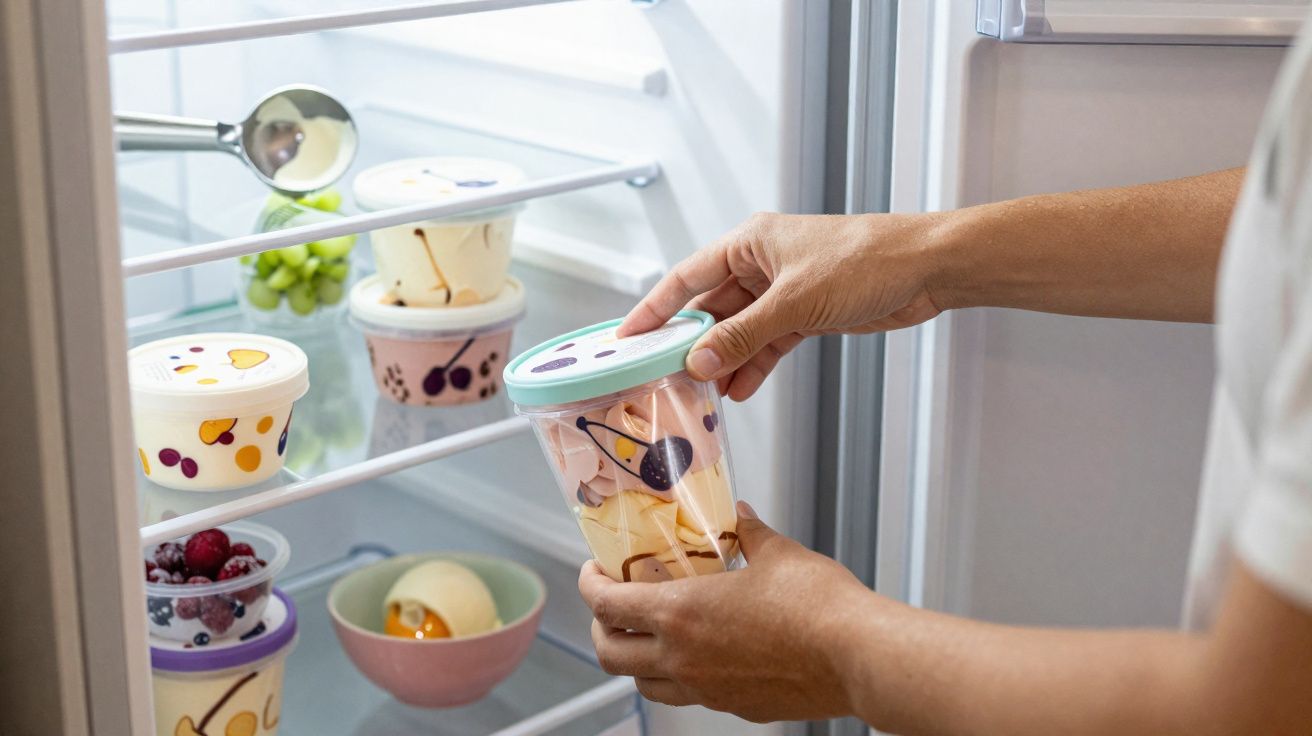 Mãos a guardar copo com iogurte no frigorífico com vários iogurtes e fruta por dentro.