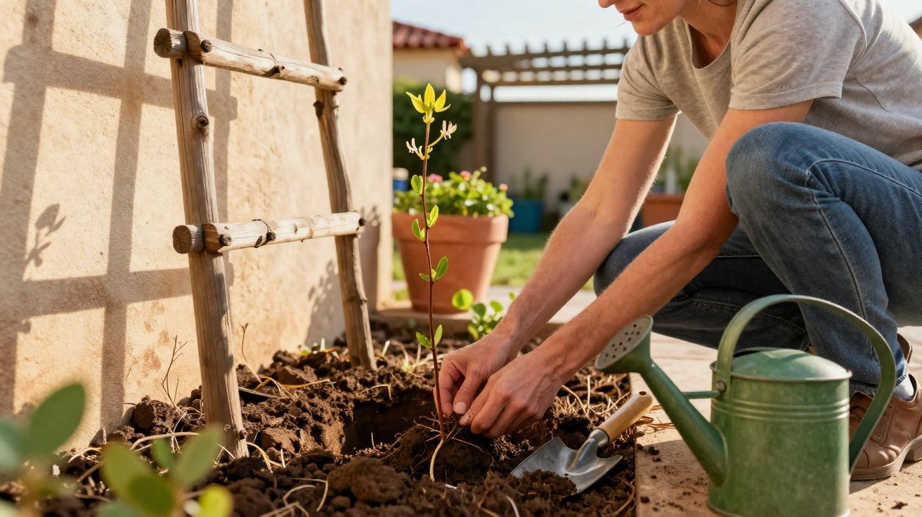 Pessoa a plantar uma muda de flor num canteiro com regador e enxada ao lado, num jardim ensolarado.