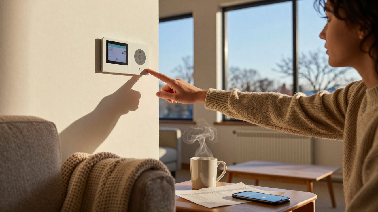 Pessoa a ajustar termóstato digital numa sala luminosa com chá quente e telemóvel numa mesa.