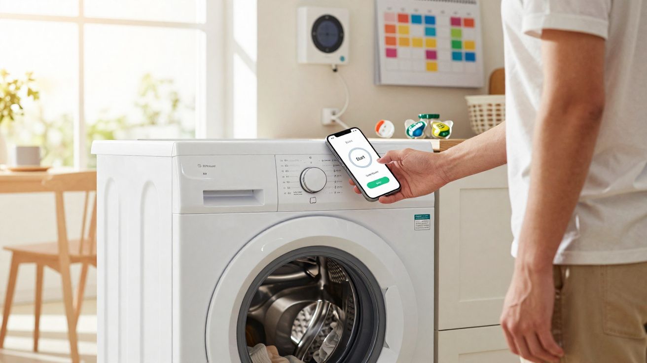 Pessoa controla máquina de lavar roupa branca à frente com smartphone, em ambiente doméstico iluminado.