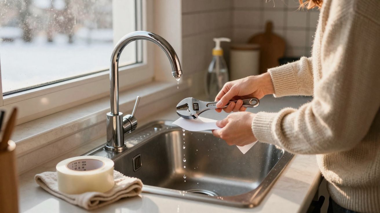 Pessoa a tentar apertar uma torneira a pingar com uma chave inglesa numa cozinha iluminada por luz natural.