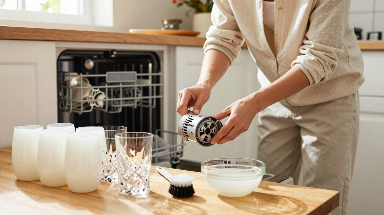 Pessoa a limpar o filtro do lava-loiça numa cozinha moderna com copos e escova na bancada.