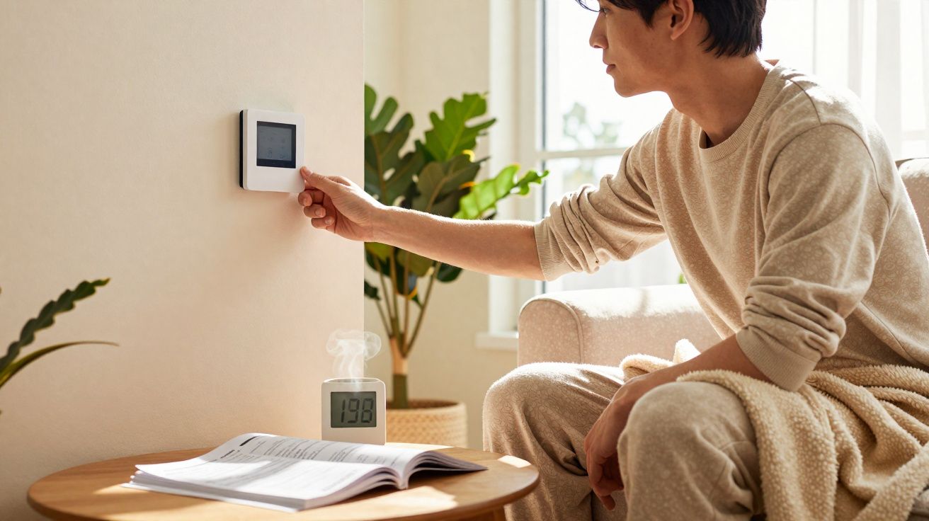 Homem sentado ajustando termóstato na parede com um livro aberto sobre mesa à sua frente.
