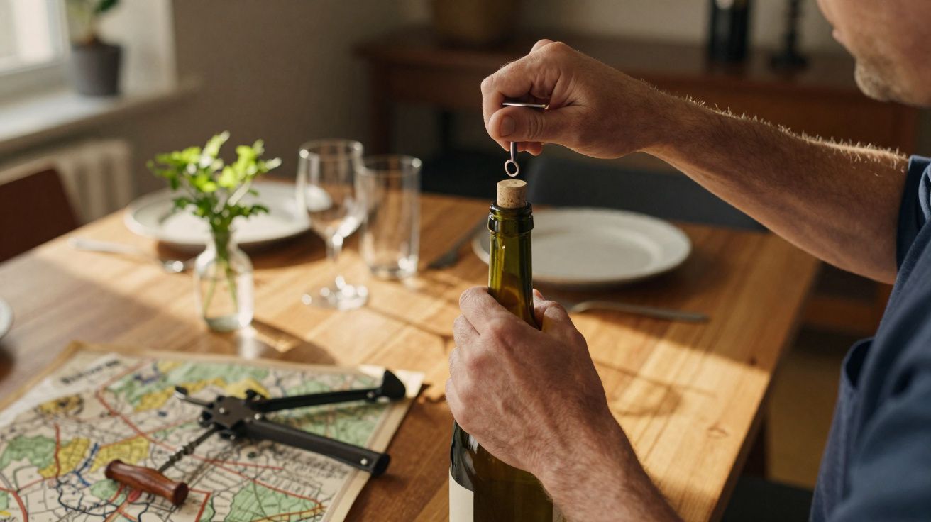 Pessoa a abrir uma garrafa de vinho numa mesa com mapa e saca-rolhas, num ambiente acolhedor.