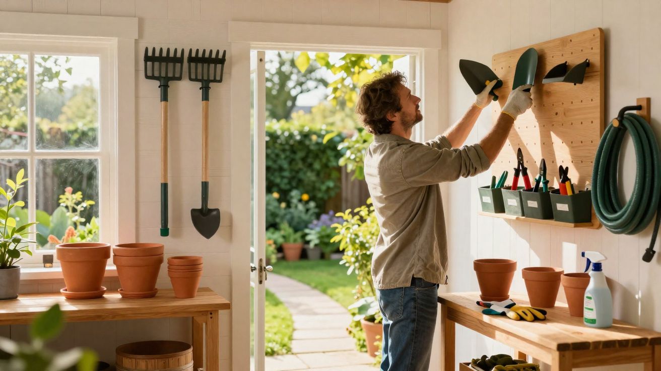 Homem a organizar ferramentas de jardinagem numa estante numa arrecadação iluminada.