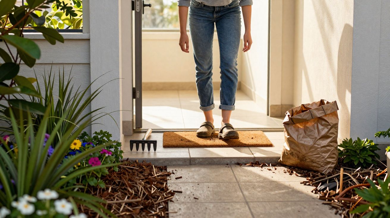 Pessoa de jeans e sapatos a sair de casa para fazer jardinagem, com saco de folhas secas ao lado.