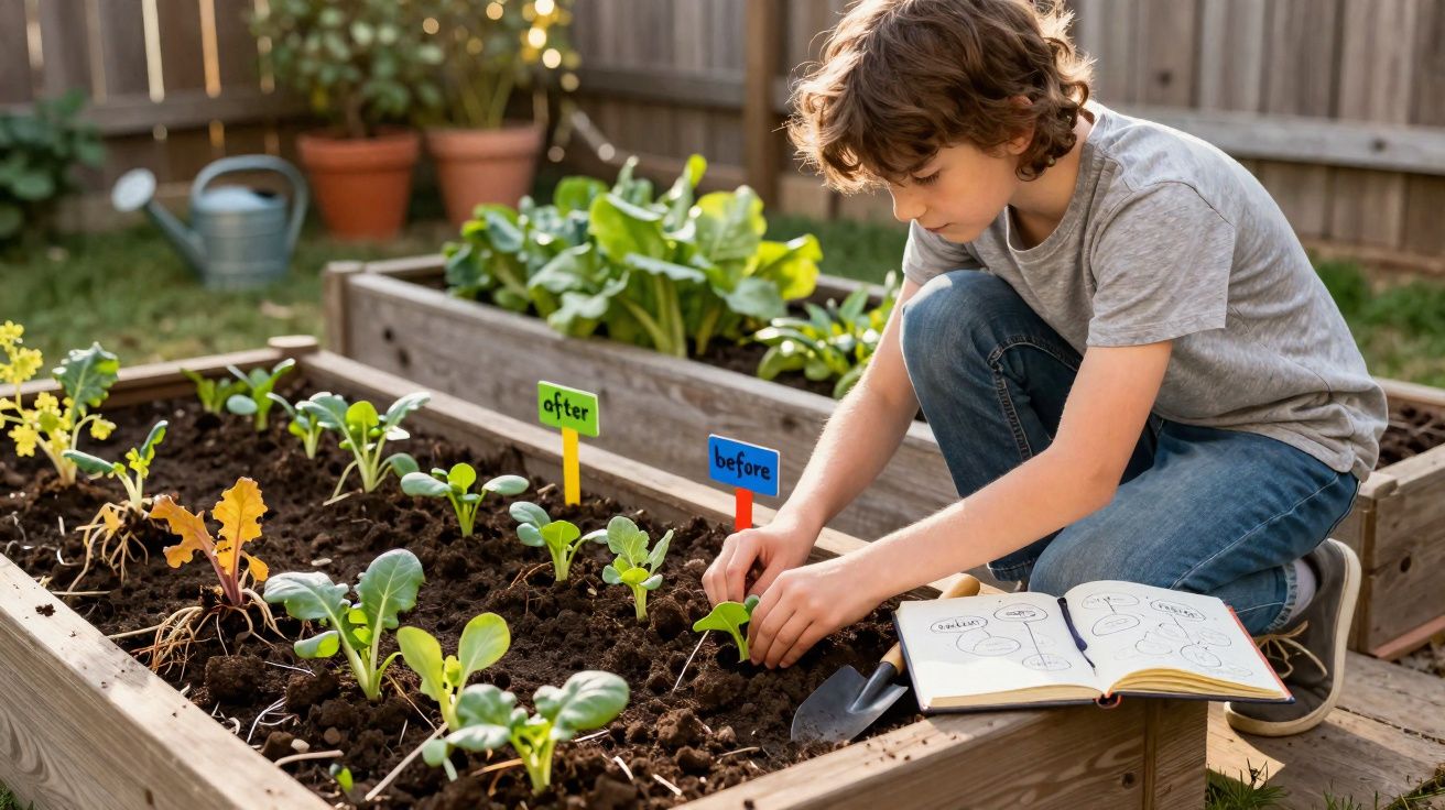 Criança a plantar muda num canteiro com etiquetas "before" e "after" e livro aberto ao lado.