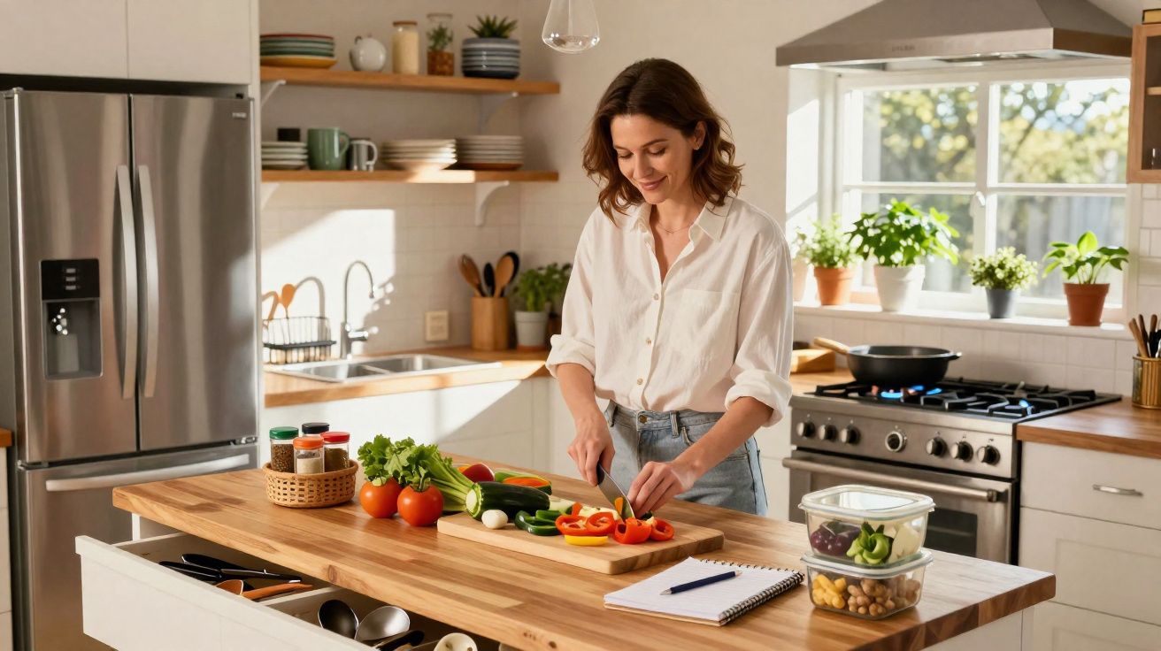 Mulher a preparar legumes frescos numa cozinha moderna e luminosa, com plantas na janela.