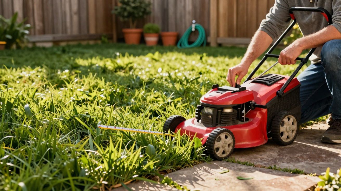 Pessoa a preparar cortador de relva vermelho para aparar a relva alta num jardim ensolarado.