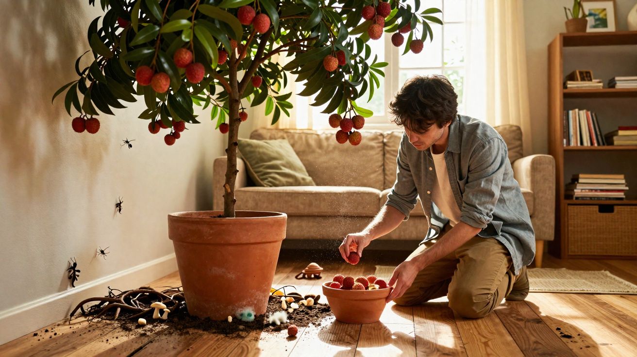 Homem recolhe frutos de árvore em vaso com solo espalhado no chão junto a insetos pretos enormes.