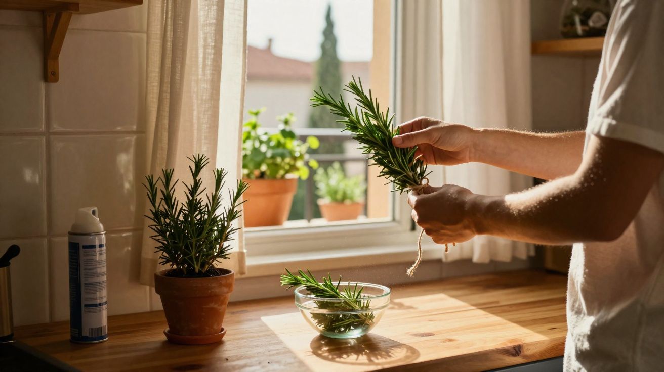 Pessoa a segurar um ramo de alecrim fresco junto a uma janela numa cozinha iluminada pelo sol.