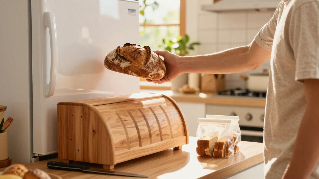 Pessoa a colocar pão numa caixa de madeira numa cozinha iluminada, ao lado de uma máquina de café.