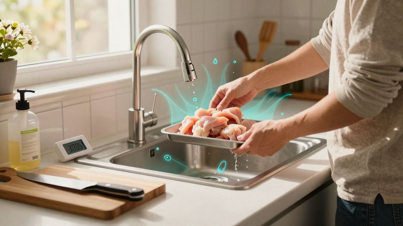 Pessoa a lavar pedaços de carne crua em cuba de cozinha com torneira e utensílios visíveis.