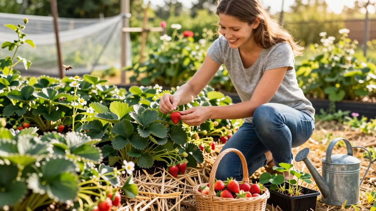 Mulher a colher morangos num jardim, sorridente, com cesta e regador ao lado.