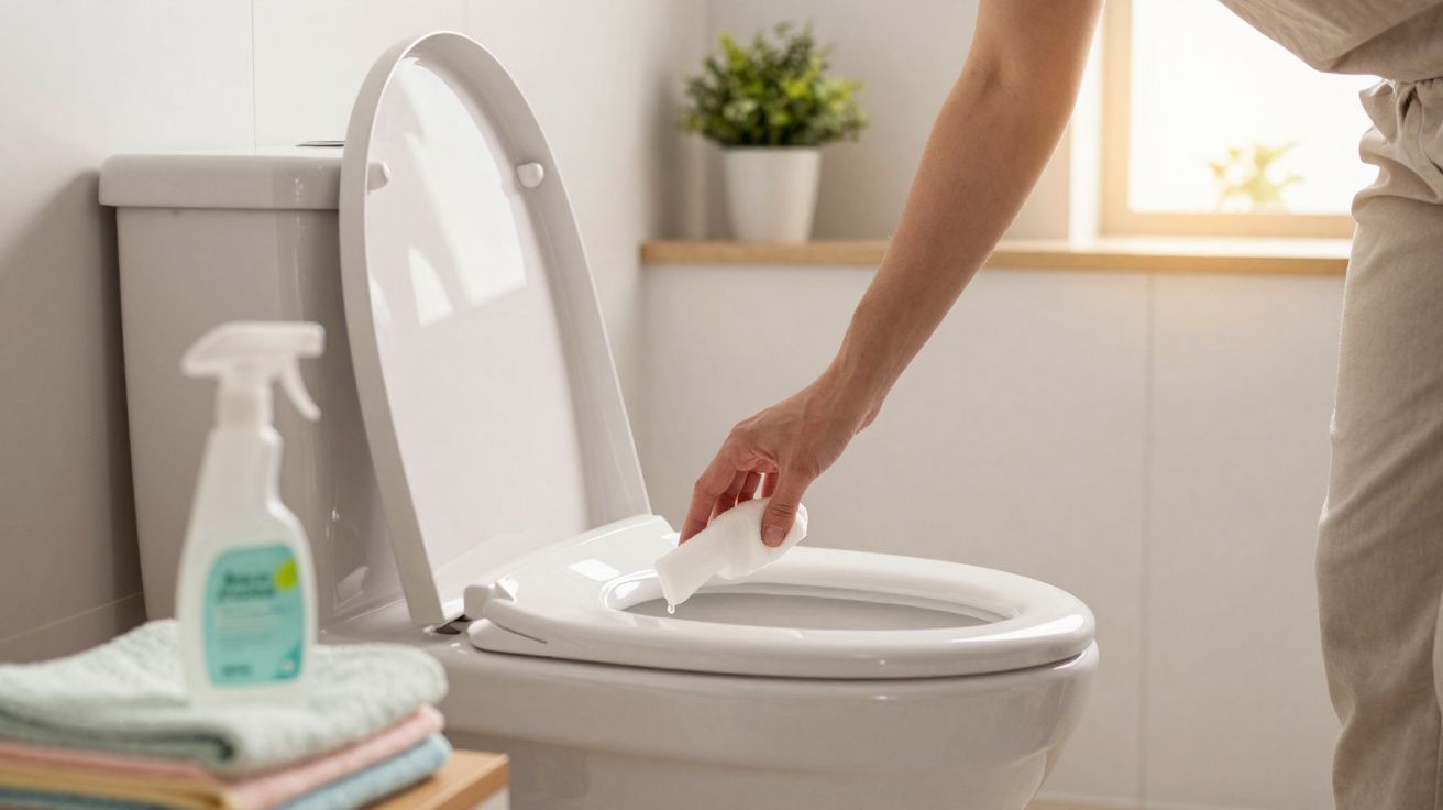 Pessoa a limpar a sanita com produto de limpeza num banheiro bem iluminado e limpo.