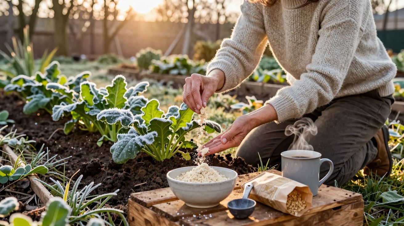 Pessoa a espalhar fertilizante em plantas num jardim ao amanhecer com chá quente numa mesa ao lado.