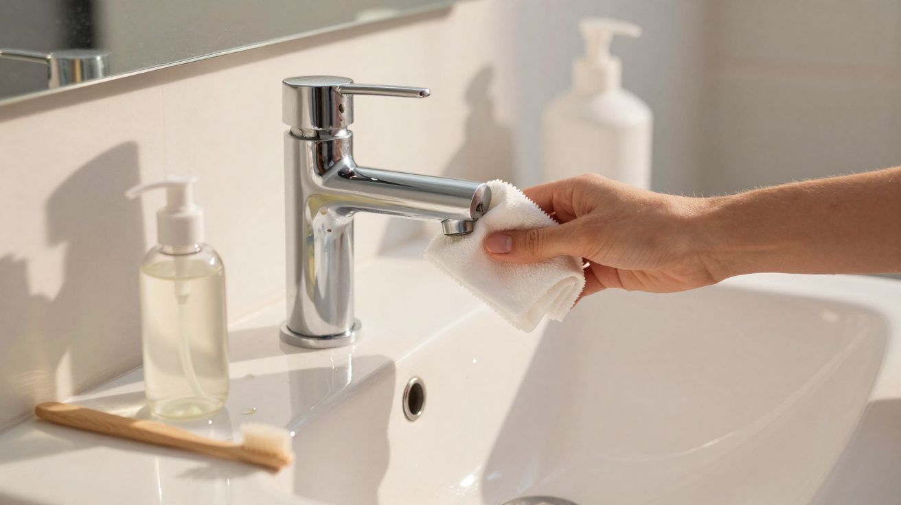 Mão a limpar torneira de lavatório branco com pano, ao lado de escova e doseador de sabão líquido.