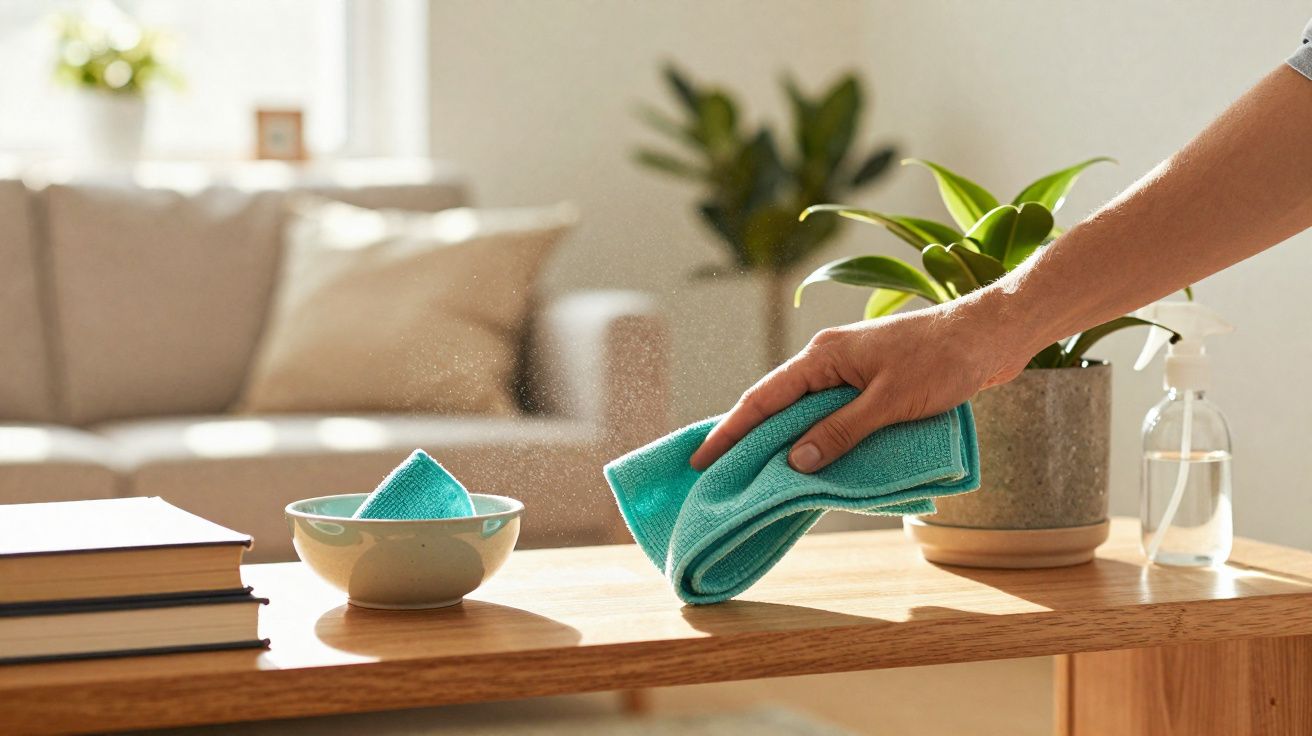 Mão a limpar uma mesa de madeira com um pano azul num ambiente luminoso e acolhedor.