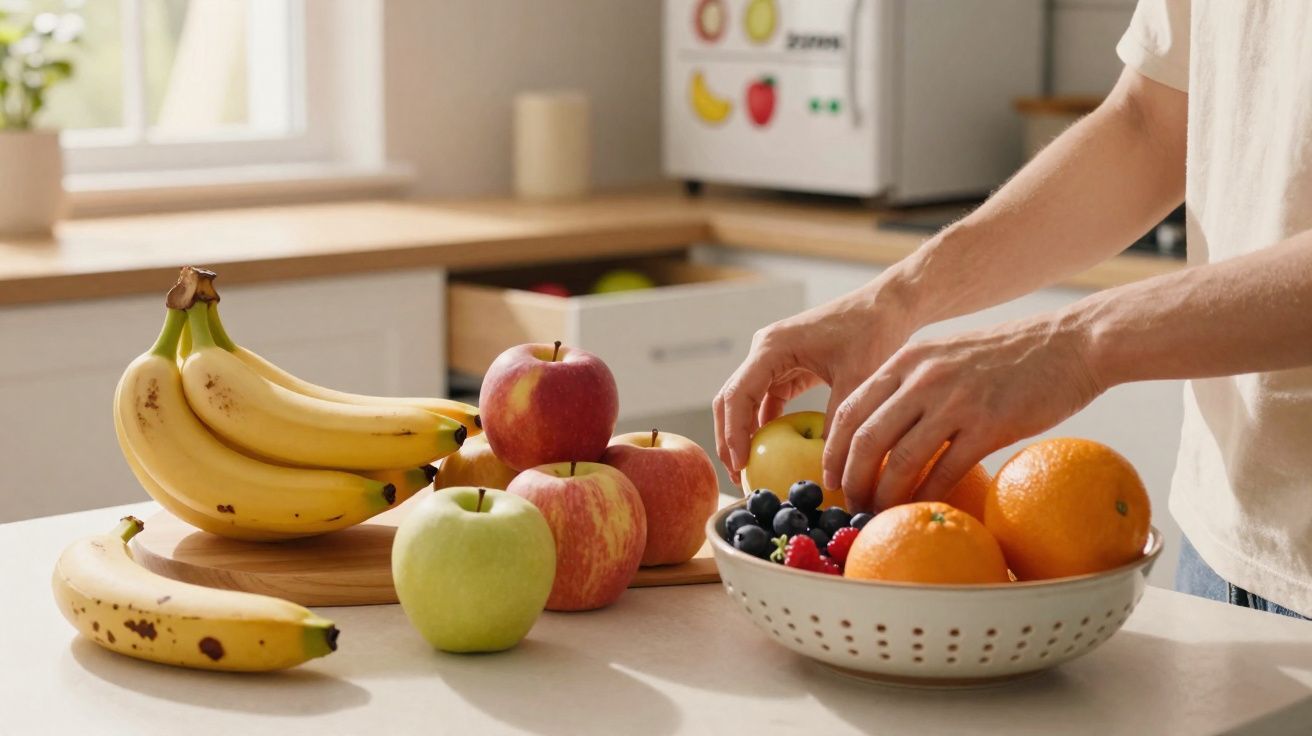 Pessoa a colocar frutas numa taça com laranjas, maçãs, bananas e frutos vermelhos numa cozinha iluminada.